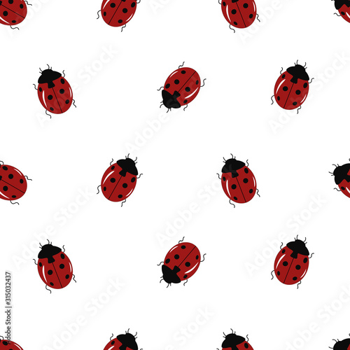 Seamless pattern with cute ladybug on a white background. Vector illustration.