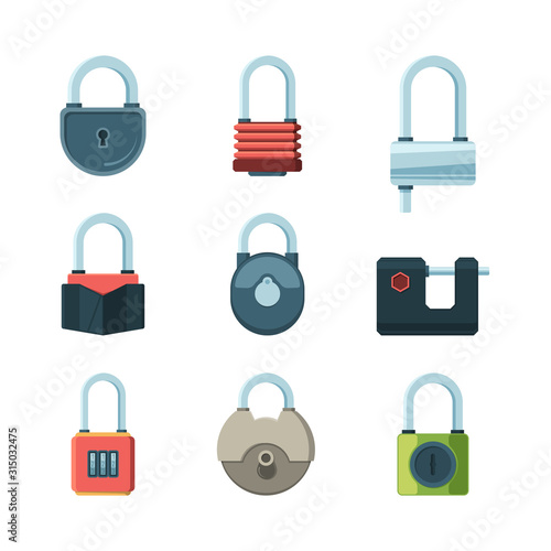 Mechanical lock. Padlock safety symbols vector flat pictures set. Illustration padlock with password, security or privacy