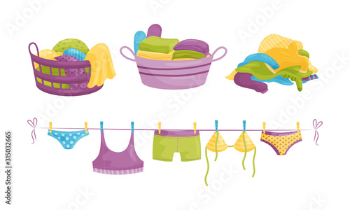 Laundry Resting in Basin and Clothing Items on Hanging Rope Vector Illustration