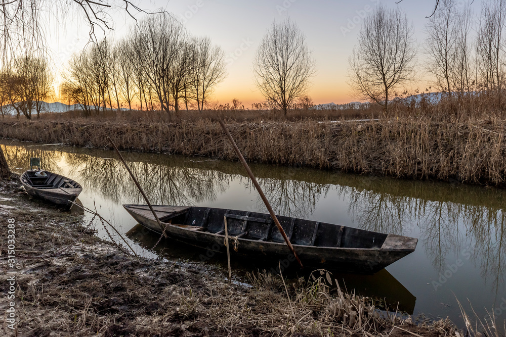 Φωτογραφία Typical wooden boats in the Padule di Fucecchio at sunset, Porto dell'Uggia, Tus