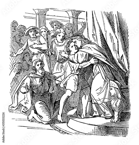 Vintage drawing or engraving of biblical story of Joseph, vizier of Pharaoh of Egypt, recognized by his brothers.Bible, Old Testament,Genesis 45. Biblische Geschichte , Germany 1859.
