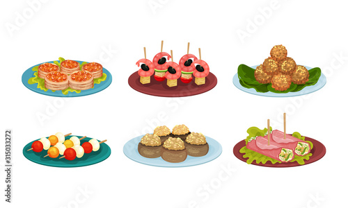 Light Snacks and Bites Served on Plates Side View Vector Illustrations Set