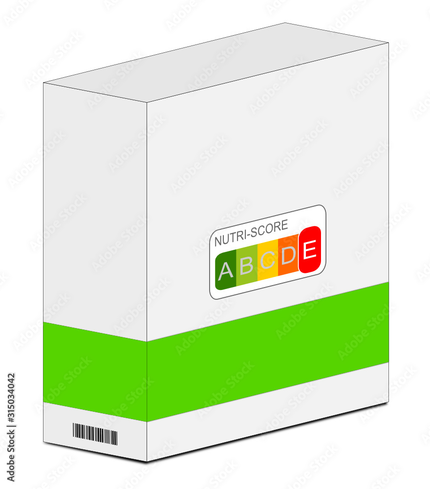 Nutri-Score Label on a carton, 5-colour Nutrition Label - 3D illustration Nutri-Score Label on a carton, 5-colour Nutrition Label - 3D illustration