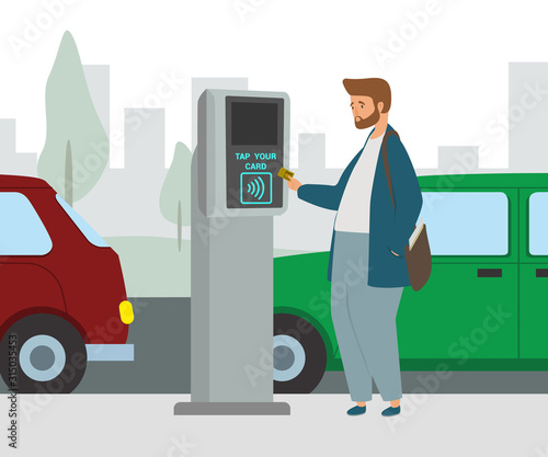 Man in a contactless way pays for car parking place. Wireless contactless cashless payments validator flat vector illustration. Wireless technology concept in city infrastructure.