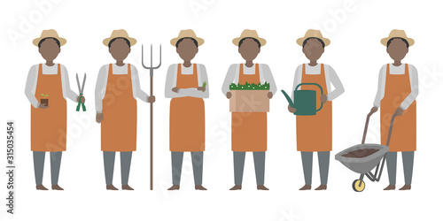 African farmer in hat standing in diverse poses. Vector.