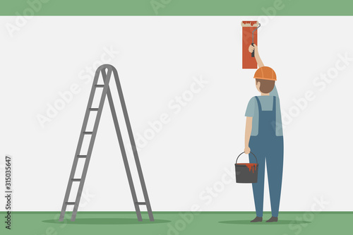 Worker painting wall with roller. Vector.