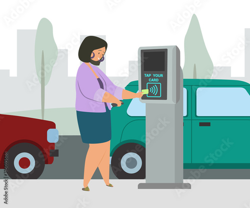 Woman in a contactless way pays for car parking place. Wireless contactless cashless payments validator flat vector illustration. Wireless technology concept in city infrastructure.