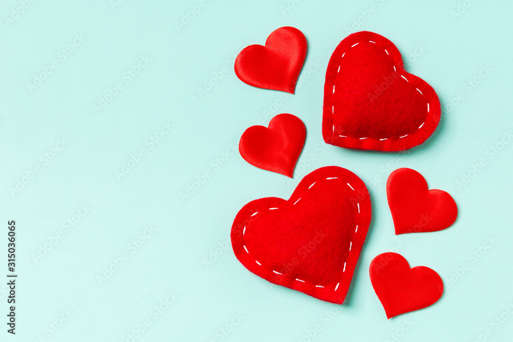 Top view of red hearts on colorful background with copy space. Romantic concept. Valentine's day concept