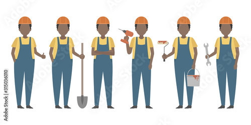 African American worker in orange hard hat standing in diverse poses. Vector.