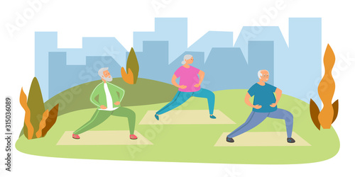 Elderly woman and elderly man do sports, exercise, fitness, yoga. Elderly care and fitness flat vector illustration. Healthy lifestyle of old people. Senior man and woman have fun together outdoors.