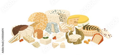 Composition of different cheese assortiment vector illustration. Set of slice lactic product isolated on white background. Collection of realistic delicatessen cheeses types