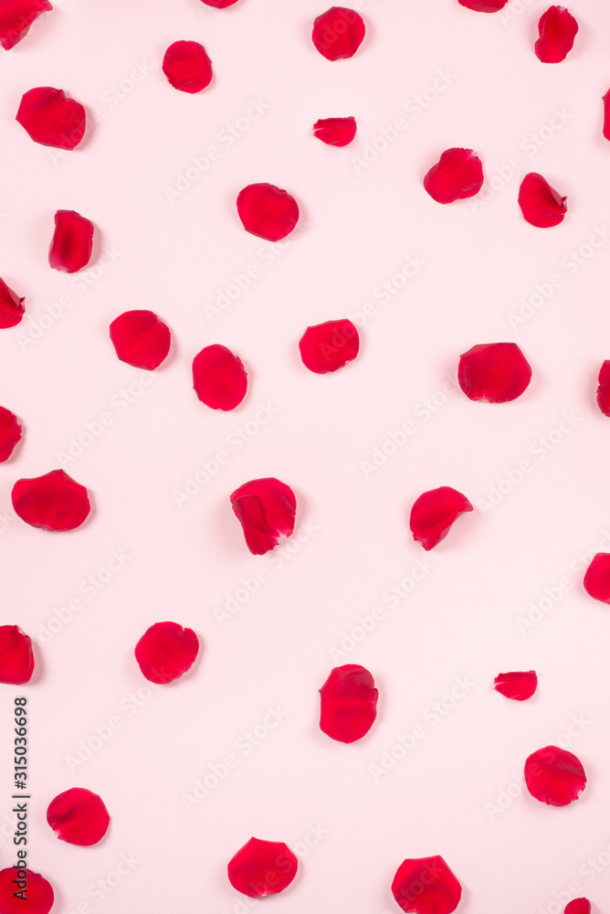 Red rose petals on light pink background.