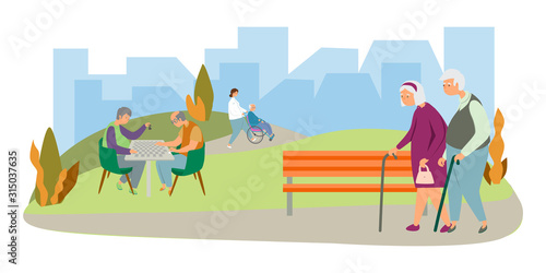 Elderly couple walks in the park flat vector illustration. Old people play chess. Healthy lifestyle of old people concept. A man in a wheelchair in the park.