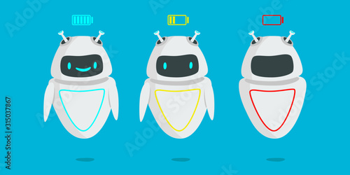 Robot set with charging status flat vector illustration. The concept of charging, discharging robotic batteries and artificial intelligence technology. Charged, low battery and requires charging