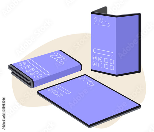 Folding screens, flexible display, modern technology concept. Foldable mobile phone flat vector illustration. A smartphone with the ability to bend the screen and make a phone out of the tablet. 