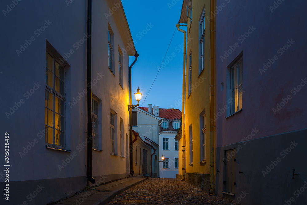 Narrow street in the Old Town of Tallinn, Estonia, night time