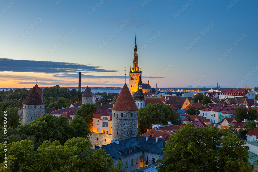 Panoramic aerial view of Tallinn old city center. Estonia. Summer late evening.