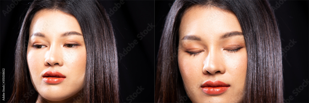 Φωτογραφία Collage Group Portrait of Fashion Young beautiful Asian Woman black hair attaches artificial eyelid to create double tapes for eyes makeup