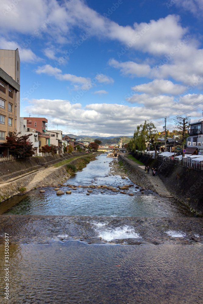 Miyagawa river in Takayama, a city in the northern mountainous Hida region of Gifu Prefecture, located in the heart of the Japan Alps.