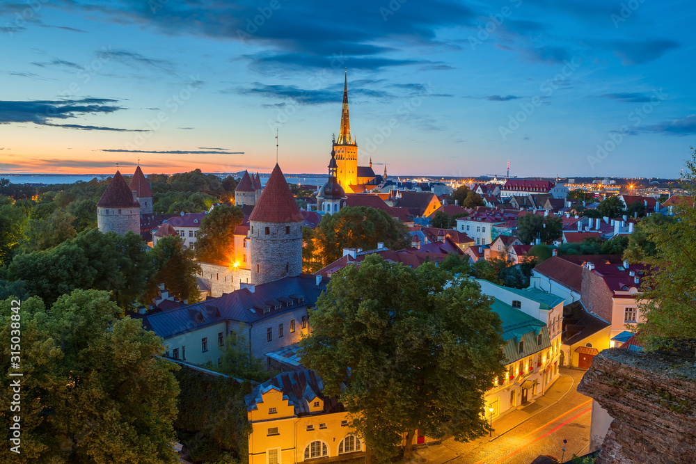 Panoramic aerial view of Tallinn old city center. Estonia. Summer late evening.