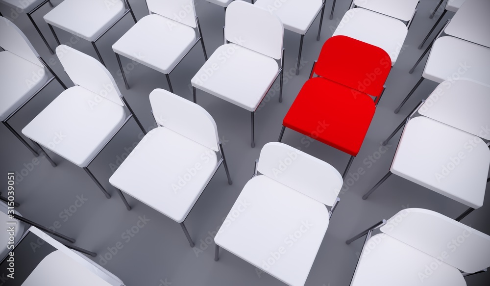 Concept or conceptual red armchair standing out in a  conference room as a metaphor for leadership, vision and strategy. A 3d illustration of individuality, creativity and achievement - obrazy, fototapety, plakaty 