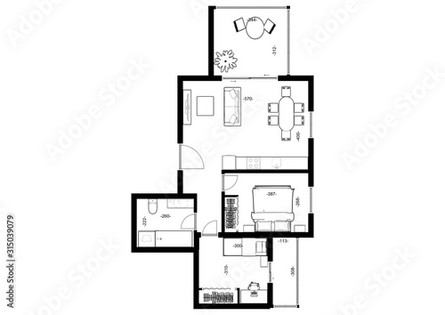 Floor plan 2d with the furniture. Modern plan of the house.