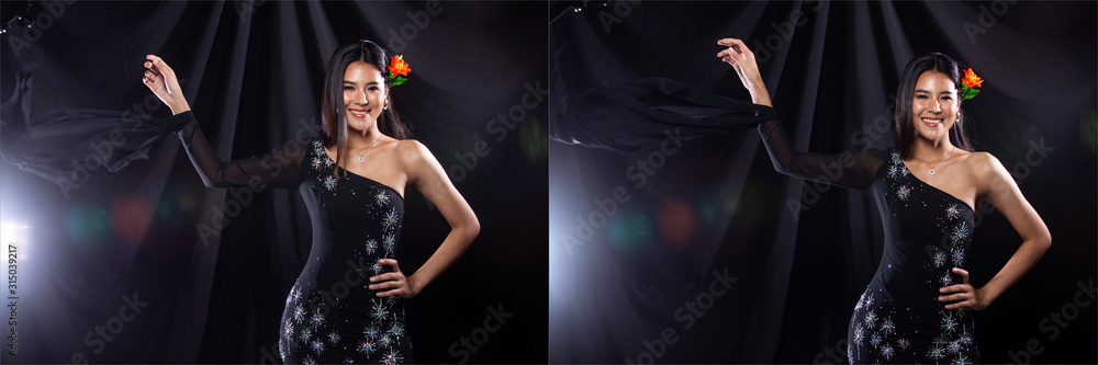 Φωτογραφία Collage Group Pack Portrait of Young Slim Asian Woman wears dark crystal Evening
