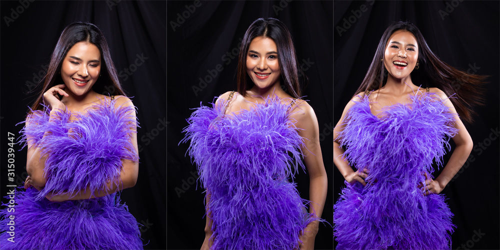 Φωτογραφία Collage Group Pack Portrait of Young Slim Asian Woman wears Purple Feather Eveni