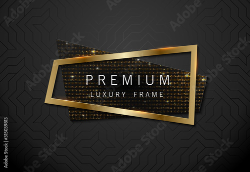 Vector geometric sparkling sequins banner with golden frame on black pattern background. Premium label design for logo or cover tagline