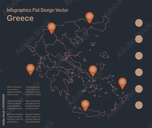 Infographics Greece map outline, flat design, color blue orange vector