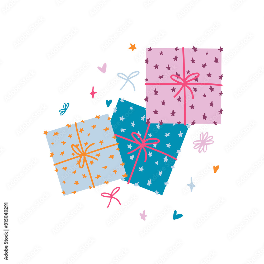 Set of colorful gift or present boxes with bows and stars. Design for holidays, birthday, party. Print for textile, greeting card, invitation isolated on white background. Flat. Vector illustration.