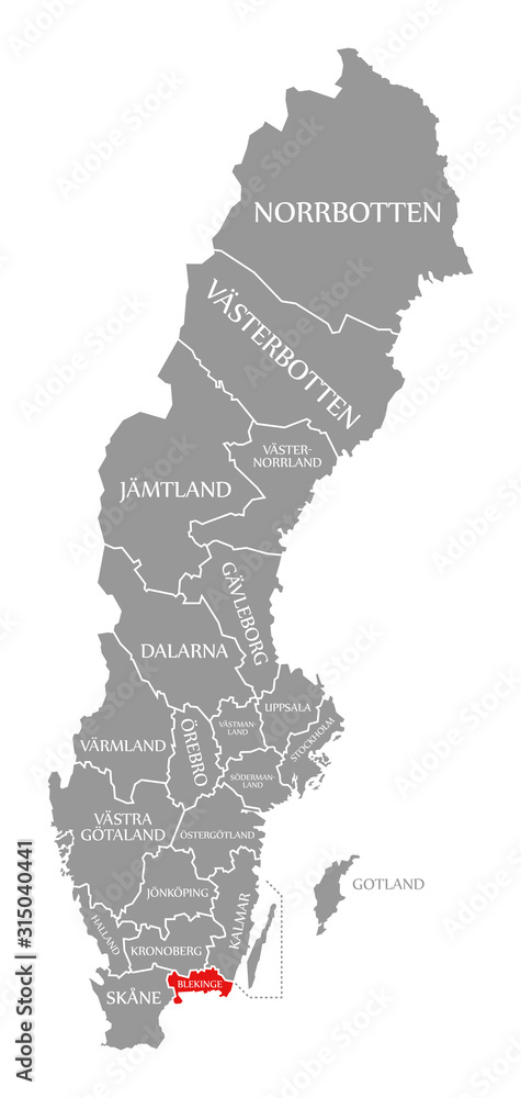 Blekinge red highlighted in map of Sweden