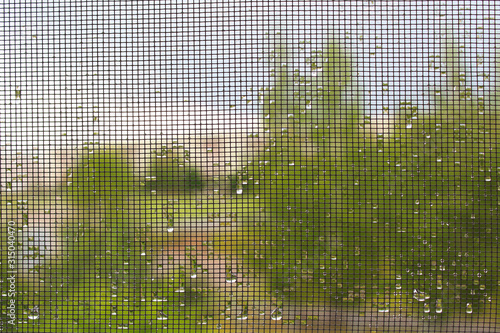 Wet mosquito net on the window. Close-up. Background. Texture.