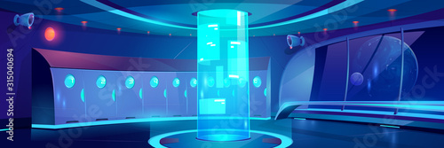 Futuristic school hallway interior at night. Vector cartoon background of empty corridor with lockers and round hologram with adverts in college, university in spaceship photo