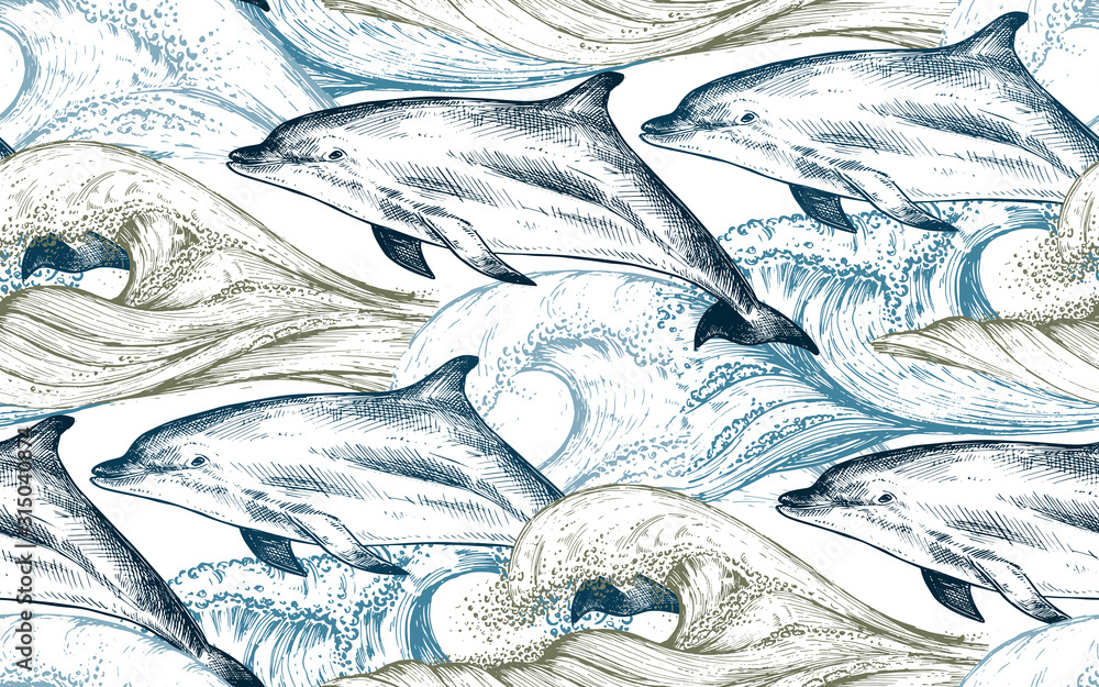 Vector monochrome seamless pattern with ocean waves and dolphins in sketch style