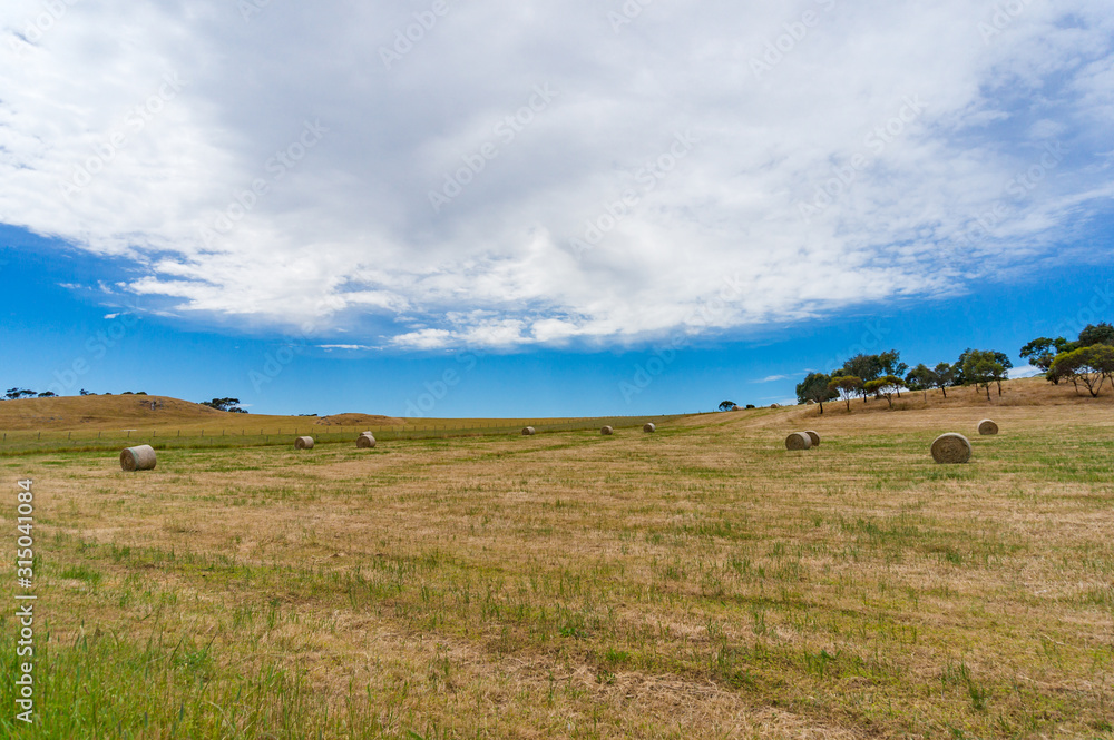 Countryside landscape of farmland field with straw bales Countryside landscape of farmland field with straw bales
