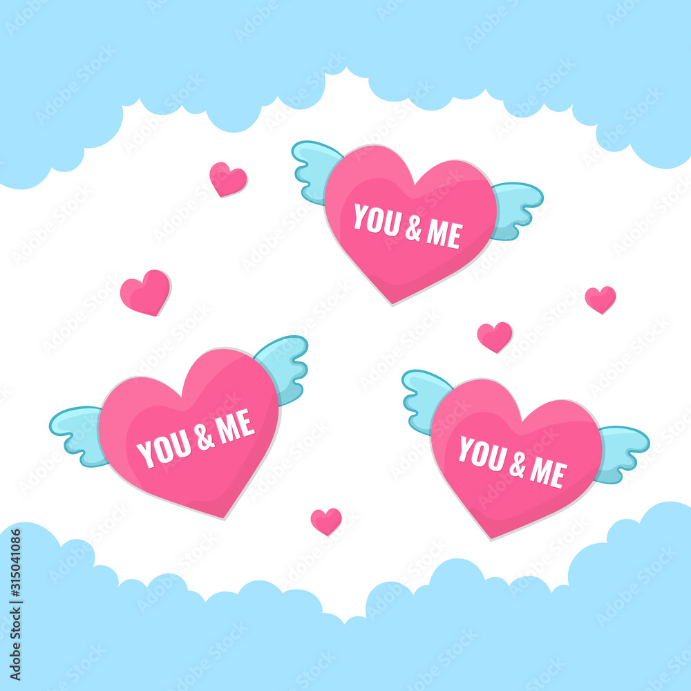 Happy Valentines Day card. Three pink hearts with wings in the clouds in the sky.