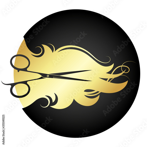 Golden curls of hair and scissors silhouette stylist for beauty salon and hairdresser