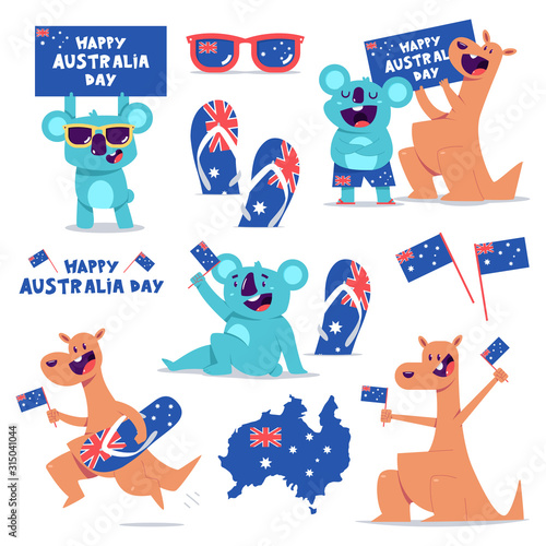 Happy Australia Day vector concept illustration set with cute kangaroo and koala characters isolated on a white background.