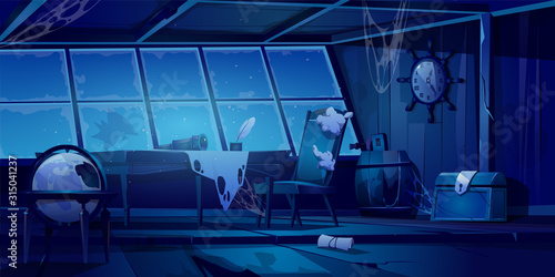 Abandoned pirate ship cabin at night. Scary Halloween background. Vector cartoon illustration of empty destroyed interior of old wooden room with broken furniture and messy walls with spiderweb