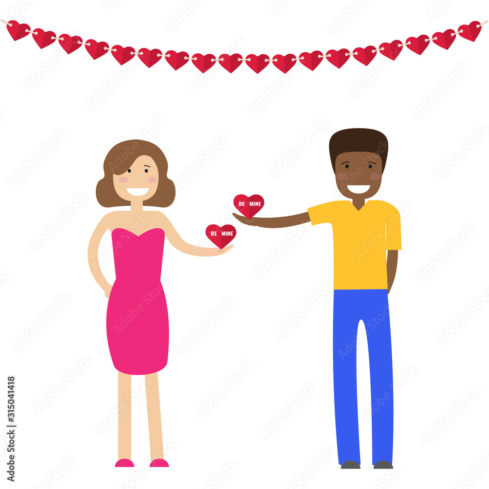 white girl and African American guy on white background. Above their heads is a garland of hearts. They give each other Valentines. Vector image for advertising, web banner, printing