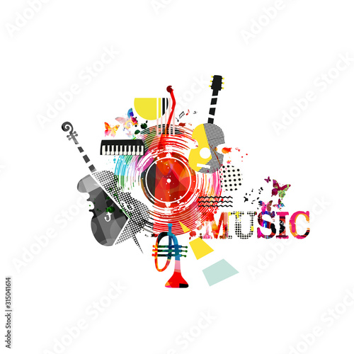 Colorful music promotional poster with music instruments isolated vector illustration. Artistic abstract background for music show, live concert events, party flyer design template