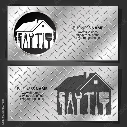 Repair and service of the house with the tool on a metal background Business card