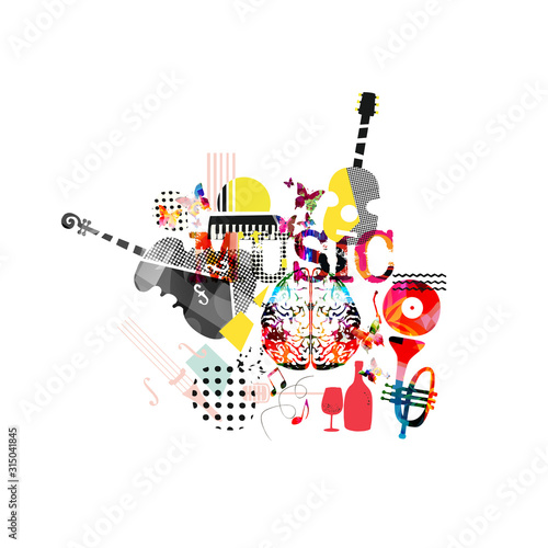 Colorful music promotional poster with music instruments isolated vector illustration. Artistic abstract background for music show, live concert events, party flyer design template photo