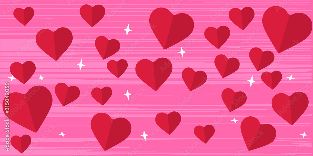 Happy Valentines day card. Valentines card lots of red hearts on a pink textured background. Love, romantic concept. Vector image for advertising, web banner, printing