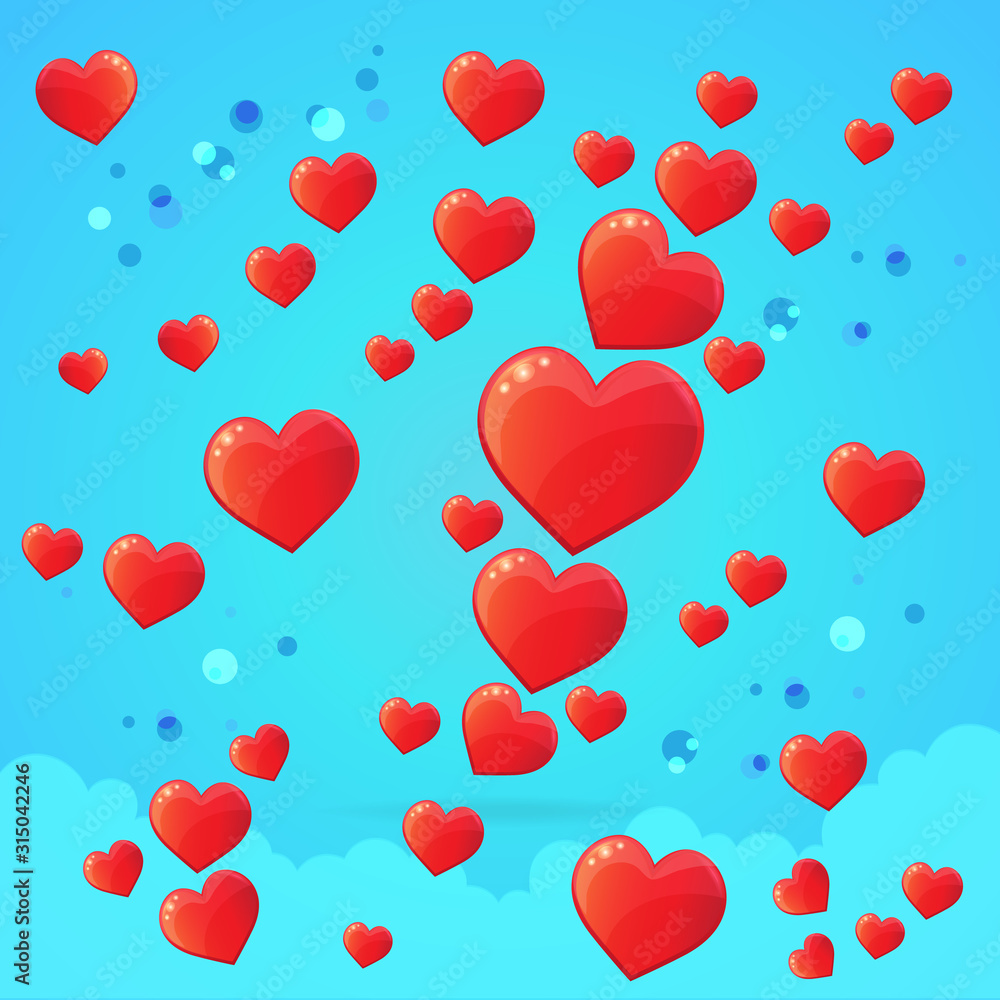 Happy Valentines day card. Lots of red hearts on blue gradient background with clouds. Love, romantic concept. Vector image for advertising, web banner, printing