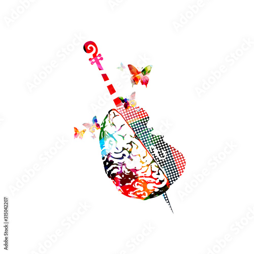 Colorful music promotional poster with violoncello and human brain isolated vector illustration. Artistic abstract background for composing,music show, live concert events, party flyer design template