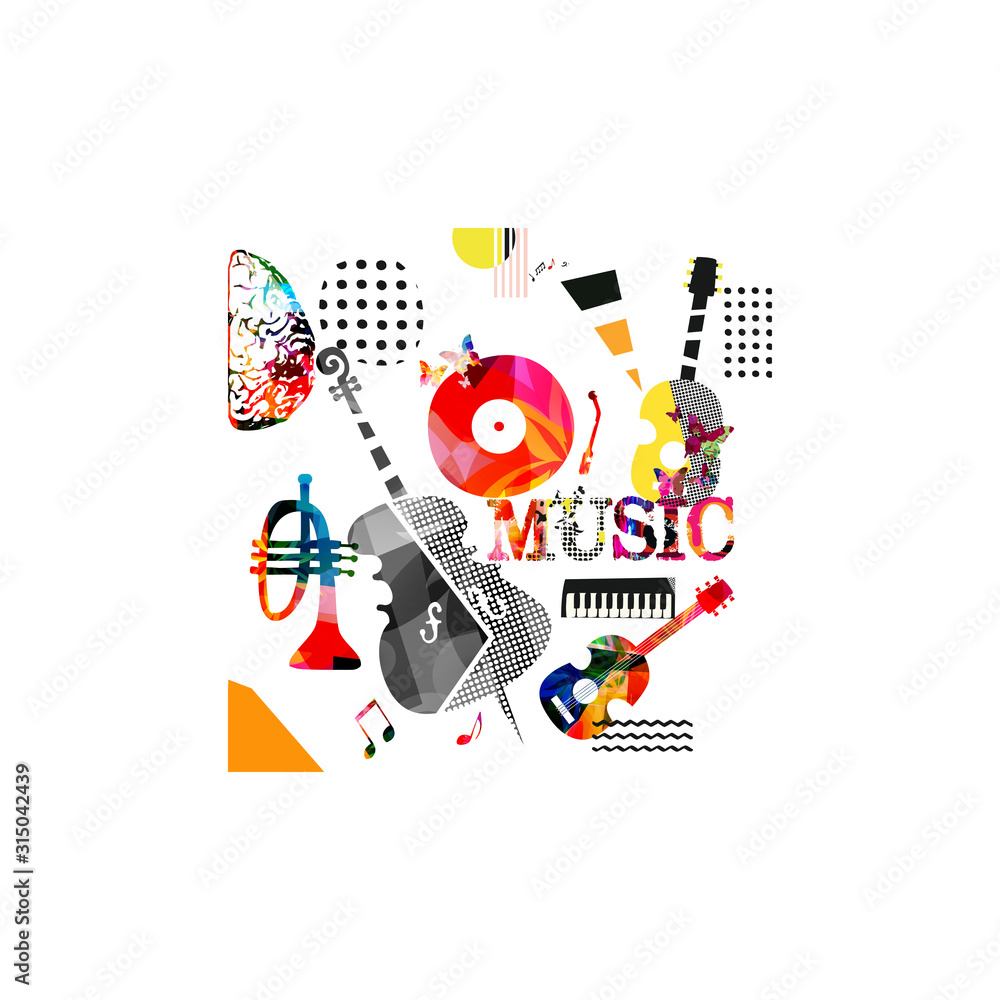 Fototapeta premium Colorful music promotional poster with music instruments isolated vector illustration. Artistic abstract background for music show, live concert events, party flyer design template