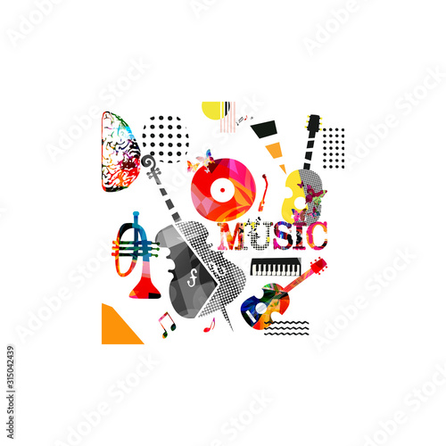 Colorful music promotional poster with music instruments isolated vector illustration. Artistic abstract background for music show  live concert events  party flyer design template