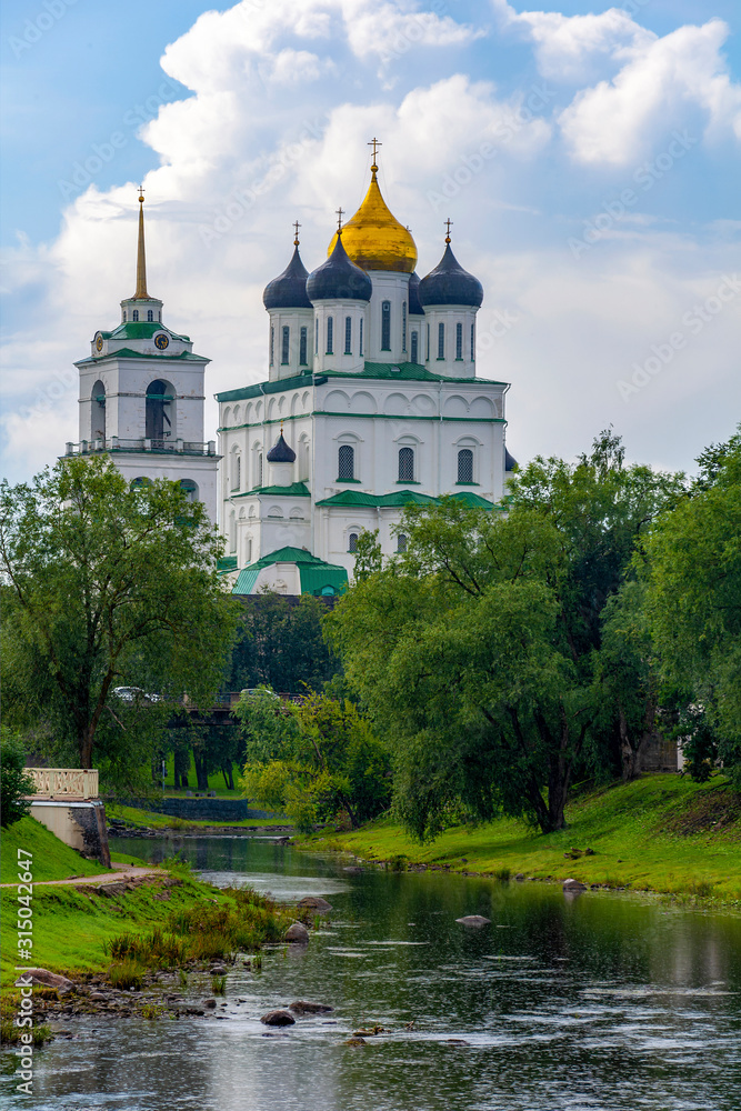Pskov, view of the Trinity Cathedral from the Pedestrian bridge over the Pskova river